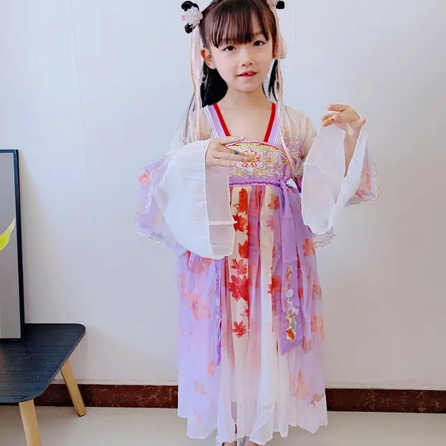 十月妈咪 网纱表演中式国风汉服长袖连衣裙 儿童款