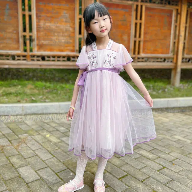 十月妈咪 拼色花卉刺绣方领收腰荷叶袖短袖网纱连衣裙汉服 夏 儿童款