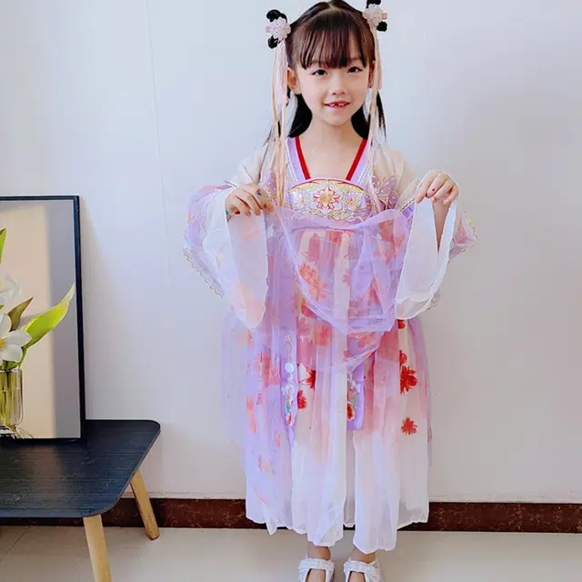 十月妈咪 网纱表演中式国风汉服长袖连衣裙 儿童款