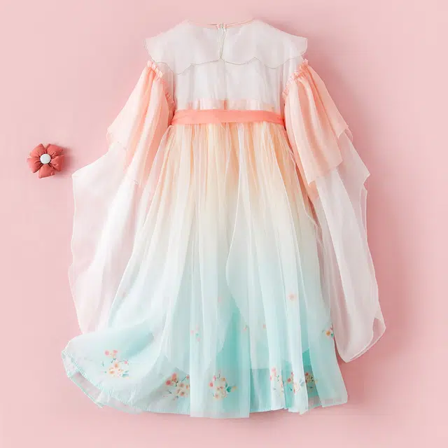 十月妈咪 简约刺绣网纱薄款舒适长袖连衣裙公主裙汉服 儿童款