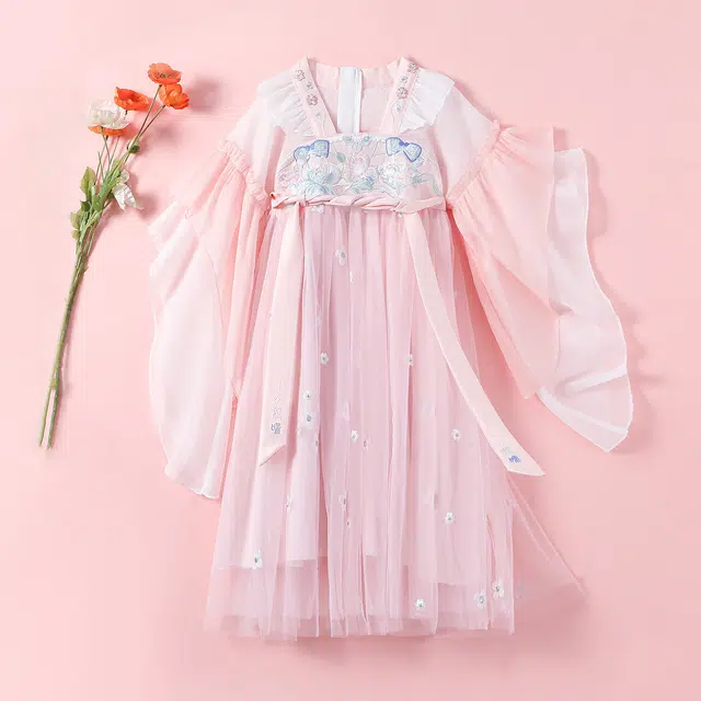 十月妈咪 古装长袖中式国风刺绣超仙汉服连衣裙公主网纱裙 春秋 儿童款 茱萸粉