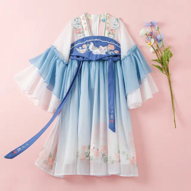 十月妈咪 中式国风碎花拼接网纱长袖适中连衣裙汉服 夏春 儿童款 靛蓝