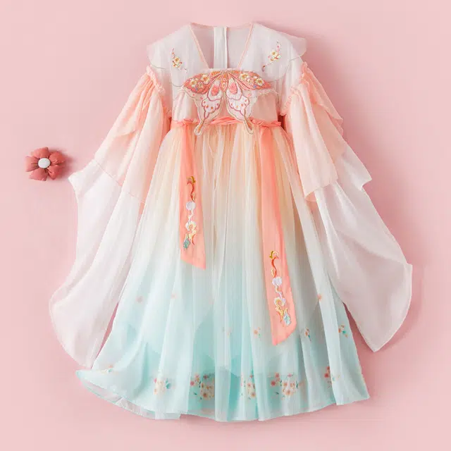 十月妈咪 简约刺绣网纱薄款舒适长袖连衣裙公主裙汉服 儿童款