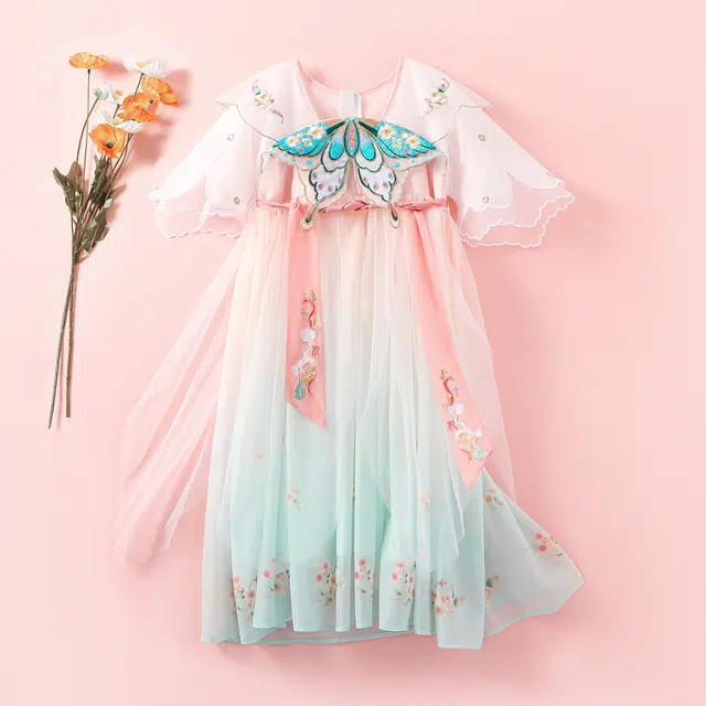 十月妈咪 中式国风刺绣碎花网纱短袖连衣裙汉服 夏 儿童款 湛蓝蝴蝶