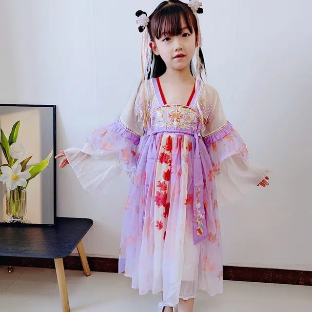 十月妈咪 网纱表演中式国风汉服长袖连衣裙 儿童款