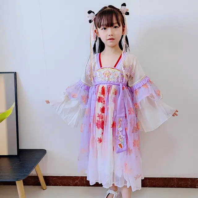 十月妈咪 网纱表演中式国风汉服长袖连衣裙 儿童款