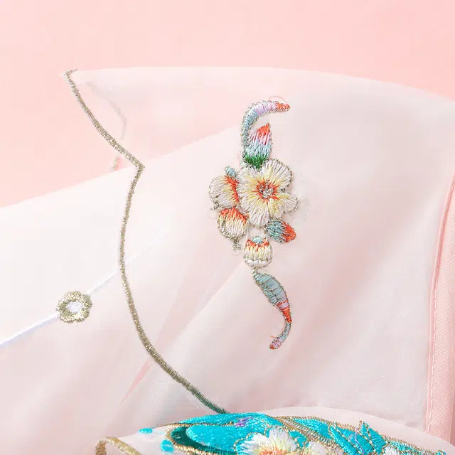 十月妈咪 中式国风刺绣碎花网纱短袖连衣裙汉服 夏 儿童款 湛蓝蝴蝶