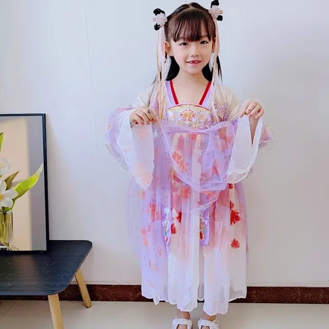 十月妈咪 网纱表演中式国风汉服长袖连衣裙 儿童款