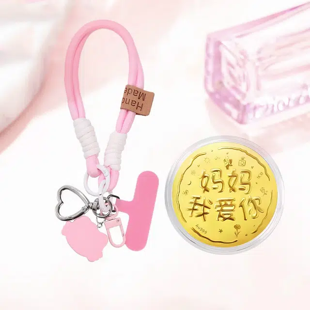 凤庙珠宝 妈妈我爱你 感恩感谢母亲辛苦了 温柔甜蜜粉色精致黄金摆件新中式复古国潮收藏增值纪念 足金 一口价 挂件 男女同款情侣款
