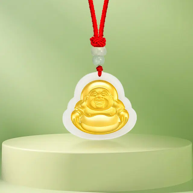 凤庙珠宝 弥勒佛吊坠 新中式国潮佛像大肚佛平安转运福运满满锁骨链 和田玉 项链 男女同款情侣款 白玉 礼盒