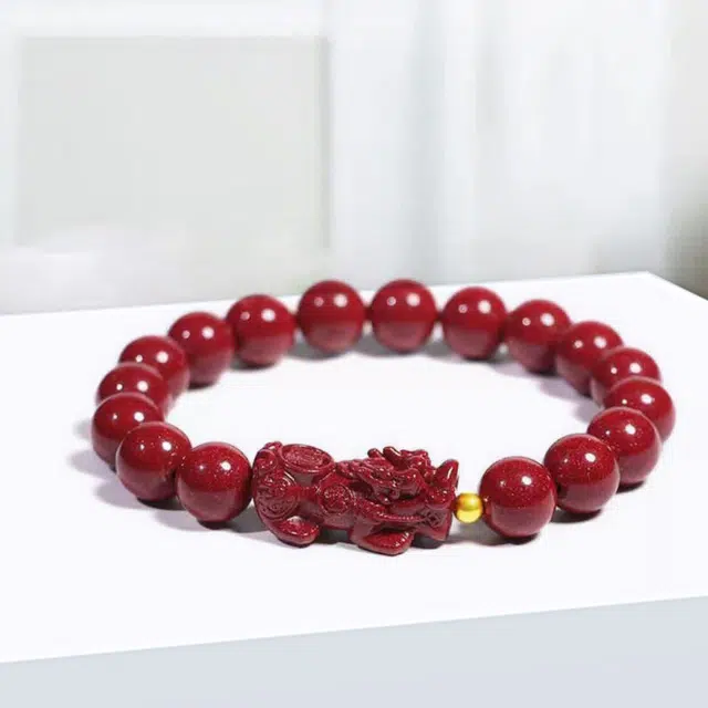凤庙珠宝 貔貅金珠串珠 新中式国潮吞金兽聚财瑞兽平安小众黄金 再造辰砂朱砂 玉石手串 男女同款情侣款 礼盒