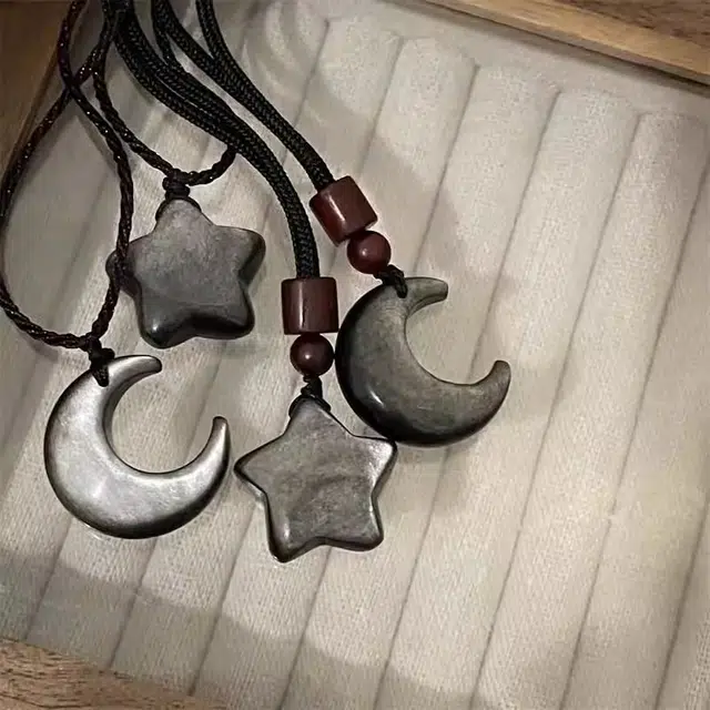 凤庙珠宝 星月 新中式国潮复古星星月亮月牙浪漫 小众高级暗黑 黑曜石 项链 女款