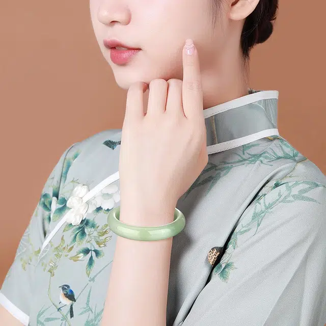 凤庙珠宝 冰蓝素圈 清透小众民族风汉服 气质国风 岫玉（蛇纹石玉） 玉石手镯 女款 礼盒