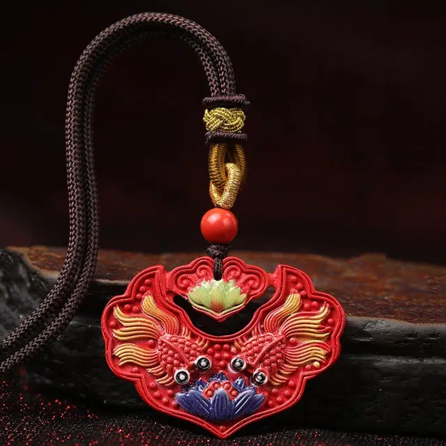 凯真 高含量帝王砂彩绘双鱼锦鲤富贵锁项链 上岸福禄吉祥时来好运 国潮新中式喜庆红简约百搭 朱砂 玉石吊坠 男女同款情侣款