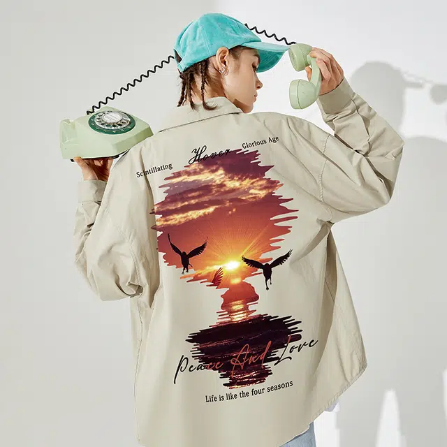 木村三社 落日印花宽松长袖衬衫 男女同款