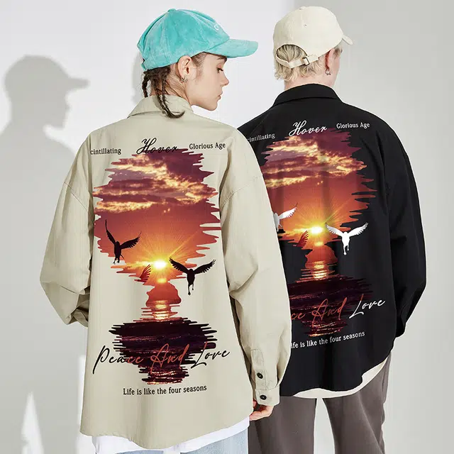 木村三社 落日印花宽松长袖衬衫 男女同款