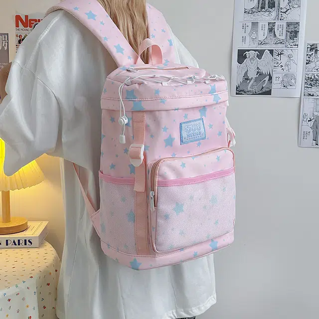 泰迪珍藏 高颜值可爱少女背包小众星星设计感大容量初中校园旅行书包 尼龙 双肩包 女款 粉色/黄色/米白色/黑色