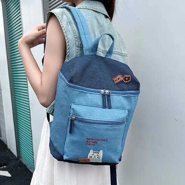 泰迪珍藏 呆萌猫咪卡通撞色水桶背包森系学院风学生 牛仔布 双肩包 女款 藏青色