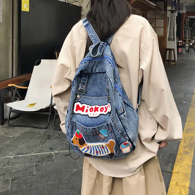 泰迪珍藏 腊肠狗小众书包个性 牛仔布 双肩包 女款 粘花蓝色/粘花黑色