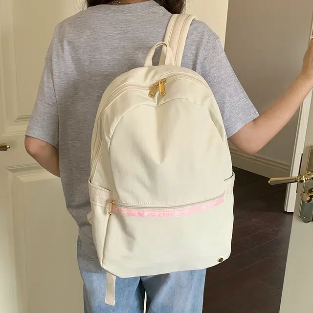 泰迪珍藏 韩系大容量通勤百搭简约旅行 塔丝隆 双肩包 常规 女款 米白色/粉色