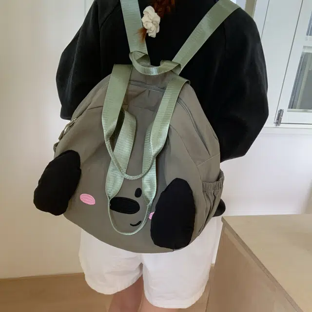 泰迪珍藏 韩国可爱狗狗抽绳包大容量学生上课 尼龙 单肩双肩包 女款 米白色/绿色