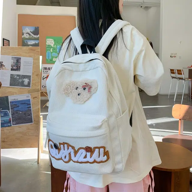 泰迪珍藏 日系复古百搭可爱小狗 灯芯绒 双肩包 常规 女款 白色/黑色