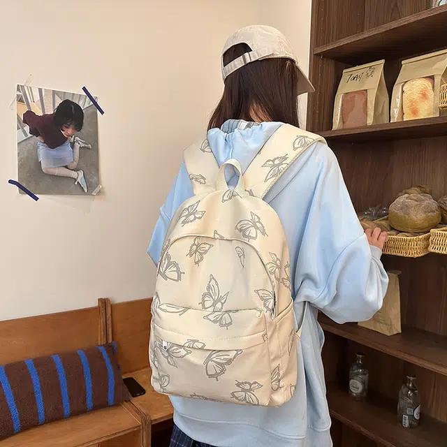 泰迪珍藏 蝴蝶印花大学生小众初中高中轻便 尼龙 双肩包 女款 多色