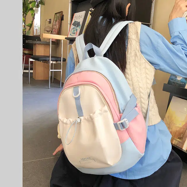 泰迪珍藏 撞色校园书包初中生高颜值设计感小众大学生韩系背包 尼龙 双肩包 女款 蓝粉色/蓝黄色/红橘色