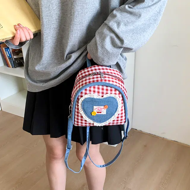 泰迪珍藏 百搭格子小众可爱出游 帆布 双肩包 女款 红色