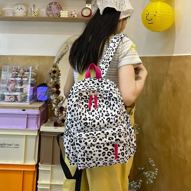 泰迪珍藏 大学生上课简约百搭通勤逛街 复合布 双肩包 女款 豹纹粉/豹纹黑