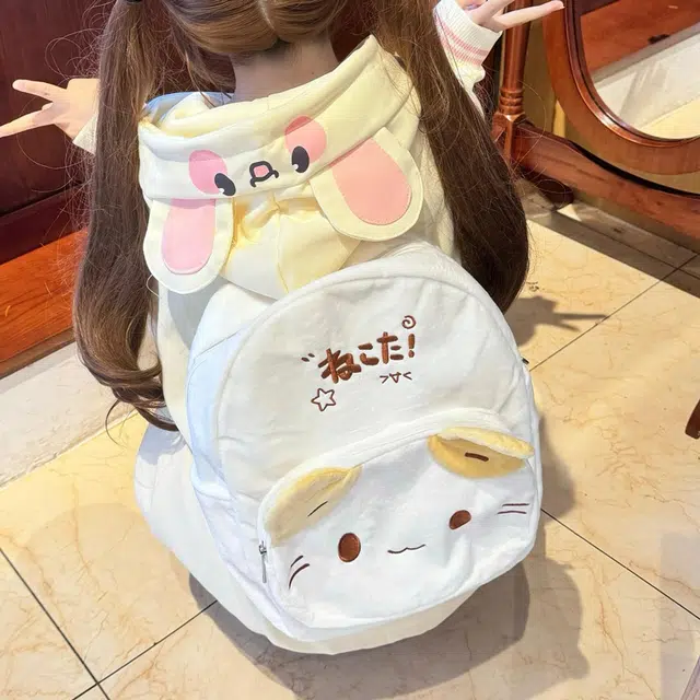 泰迪珍藏 日系可爱卡通刺绣大容量书包小猫背包初高中学生书包 毛绒 双肩包 女款 白色