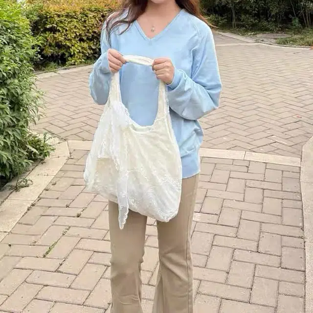 泰迪珍藏 韩系清新蕾丝花朵大容量通勤 布 托特包单肩包 常规 女款 白色