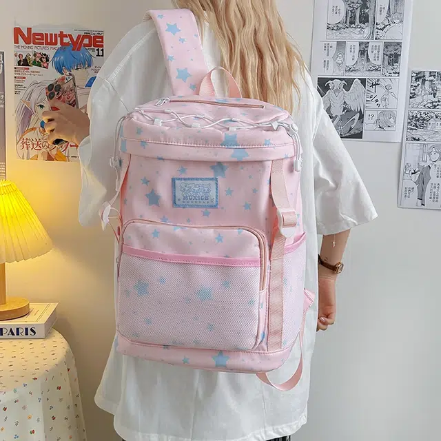 泰迪珍藏 高颜值可爱少女背包小众星星设计感大容量初中校园旅行书包 尼龙 双肩包 女款 粉色/黄色/米白色/黑色