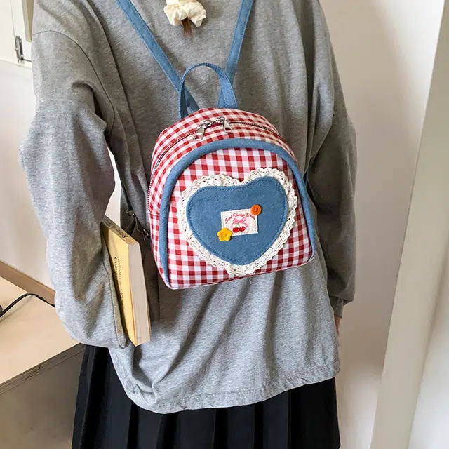 泰迪珍藏 百搭格子小众可爱出游 帆布 双肩包 女款 红色