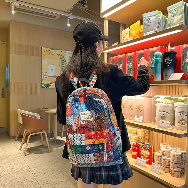 泰迪珍藏 复古拼贴撞色旅游轻便初中高中生 尼龙 双肩包 女款 民族风/花格子