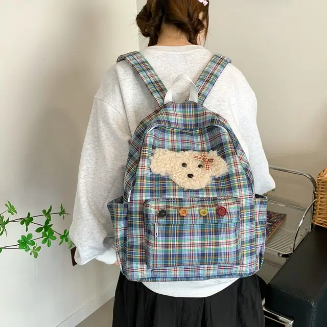 泰迪珍藏 韩系可爱大容量大学生可爱百搭通用背包初高中学生包 复合布 双肩包 女款 格子小狗