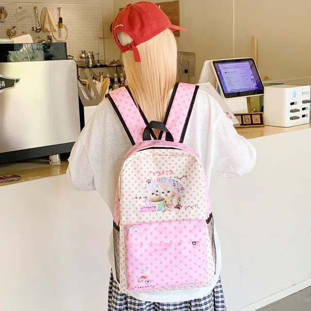 泰迪珍藏 可爱甜美时尚百搭小众 尼龙布 双肩包 女款 粉波点