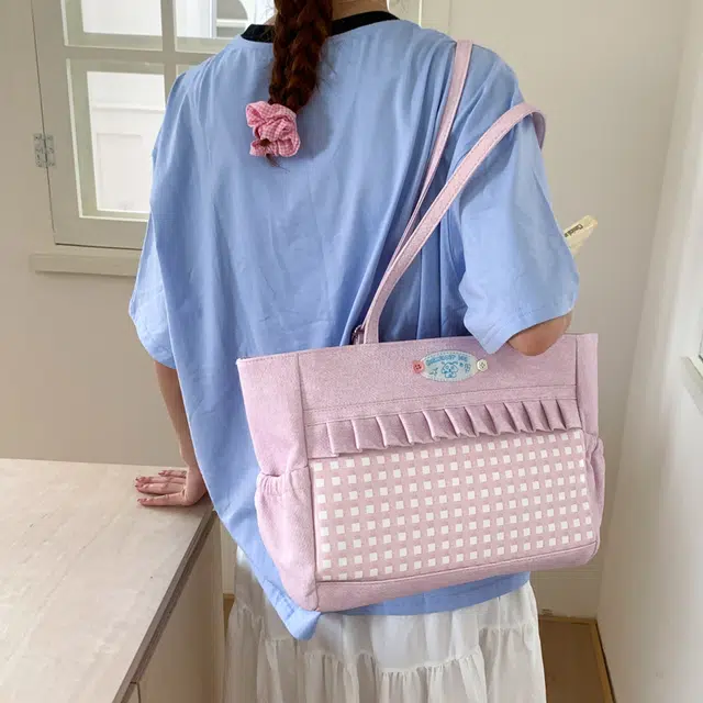 泰迪珍藏 日系可爱甜美文艺格子百搭 帆布 托特包双肩单肩包 女款 多色