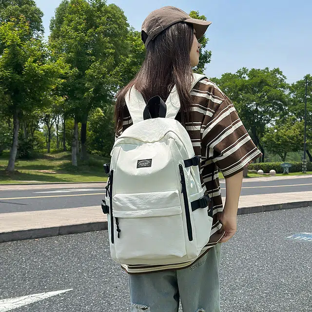 泰迪珍藏 韩版书包大学生大容量高中初中生中学生背包 尼龙 双肩包 男女同款情侣款 乳白色/灰色/卡其色/黑色