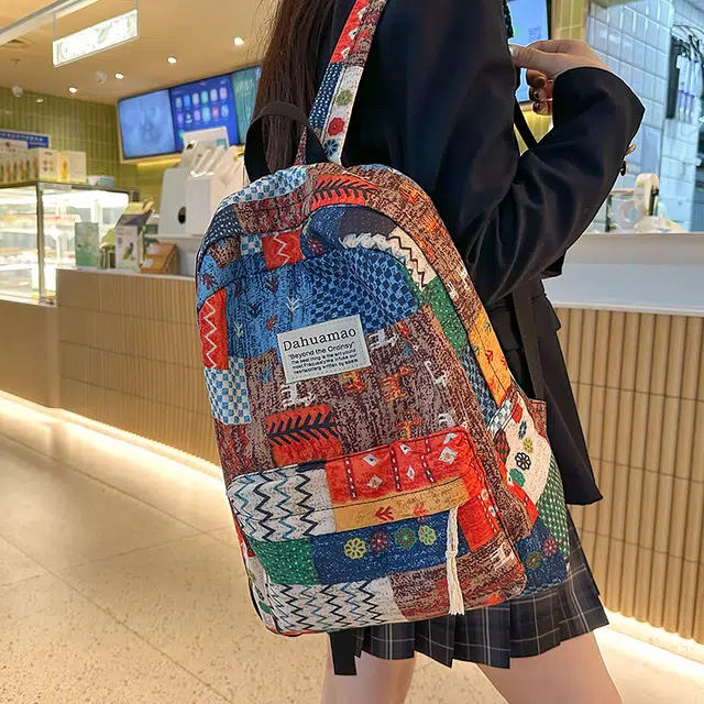 泰迪珍藏 复古拼贴撞色旅游轻便初中高中生 尼龙 双肩包 女款 民族风/花格子