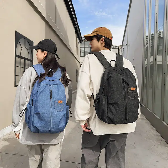 泰迪珍藏 复古轻便旅行通勤 牛仔拼网 双肩包 男女同款情侣款 蓝色/黑色