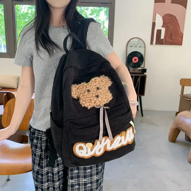 泰迪珍藏 日系复古百搭可爱小狗 灯芯绒 双肩包 常规 女款 白色/黑色