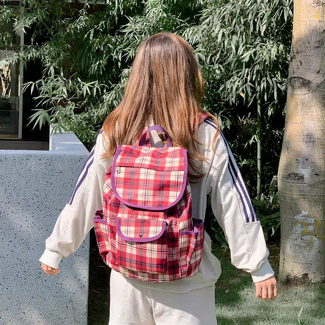 泰迪珍藏 软妹学院风格子复古翻盖双背包休闲通勤学生高中书包大容量旅游 尼龙 双肩包 女款 红色/卡其色
