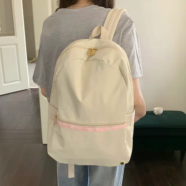 泰迪珍藏 韩系大容量通勤百搭简约旅行 塔丝隆 双肩包 常规 女款 米白色/粉色