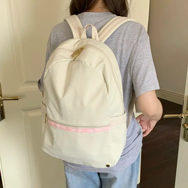 泰迪珍藏 韩系大容量通勤百搭简约旅行 塔丝隆 双肩包 常规 女款 米白色/粉色