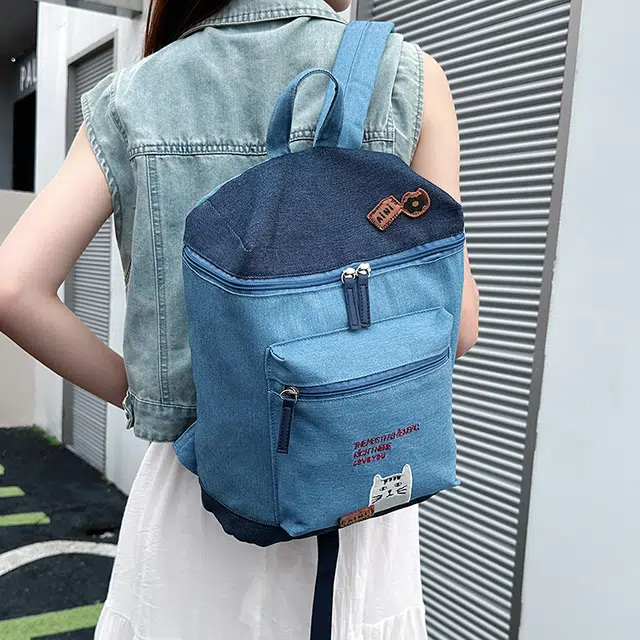 泰迪珍藏 呆萌猫咪卡通撞色水桶背包森系学院风学生 牛仔布 双肩包 女款 藏青色