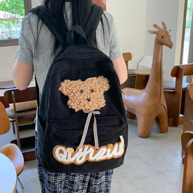 泰迪珍藏 日系复古百搭可爱小狗 灯芯绒 双肩包 常规 女款 白色/黑色