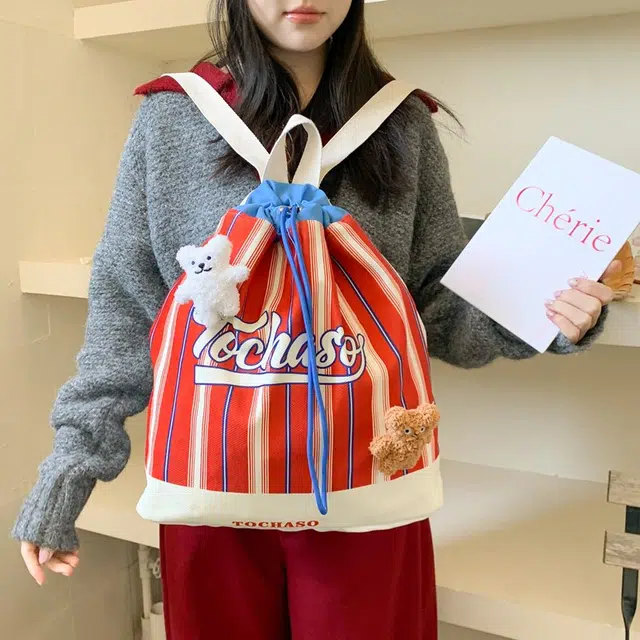 泰迪珍藏 卡通可爱抽绳条纹休闲 复合布 双肩包 常规 女款 多色