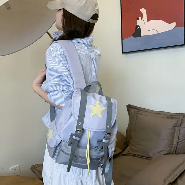 泰迪珍藏 潮酷拼色韩系小众设计星星百搭休闲旅行背包学生书包 复合布 双肩包 女款 浅灰色/红色