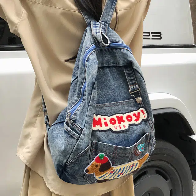 泰迪珍藏 腊肠狗小众书包个性 牛仔布 双肩包 女款 粘花蓝色/粘花黑色